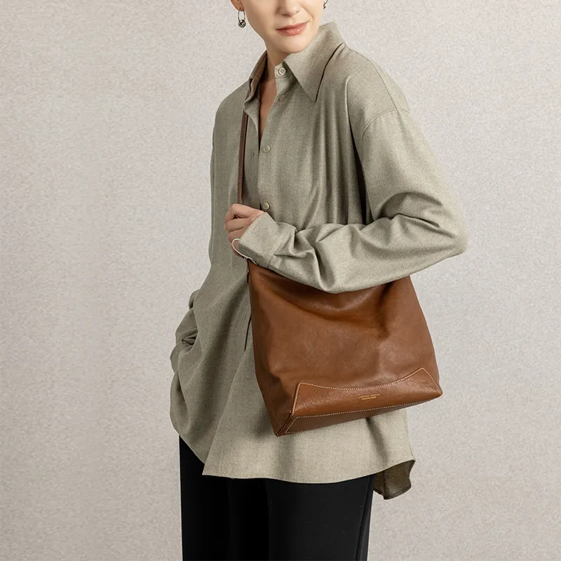 VANESSA HOGAN Top Grain Vegetable Tanned Cow Leather Shoulder Bag Large Size Women's Cocoa Red Brown-5