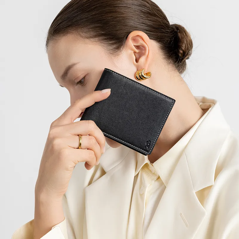 VANESSA HOGAN Top Grain Cow Leather Card Holder Portable Money Clip Wallet Unisex Cocoa Red/Brown/Obsidian Black-8