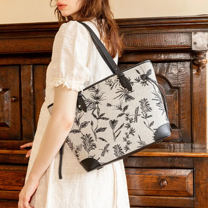 VANESSA HOGAN Monogram Fabric Tote Bag Shopping Bag Shoulder Bag Handbag Large Size Women's Black-4