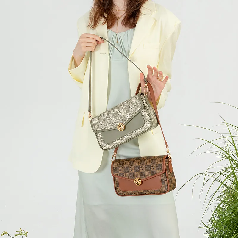 VANESSA HOGAN Monogram Cow Leather Shoulder Bag Medium Size Women's Green/Brown-10