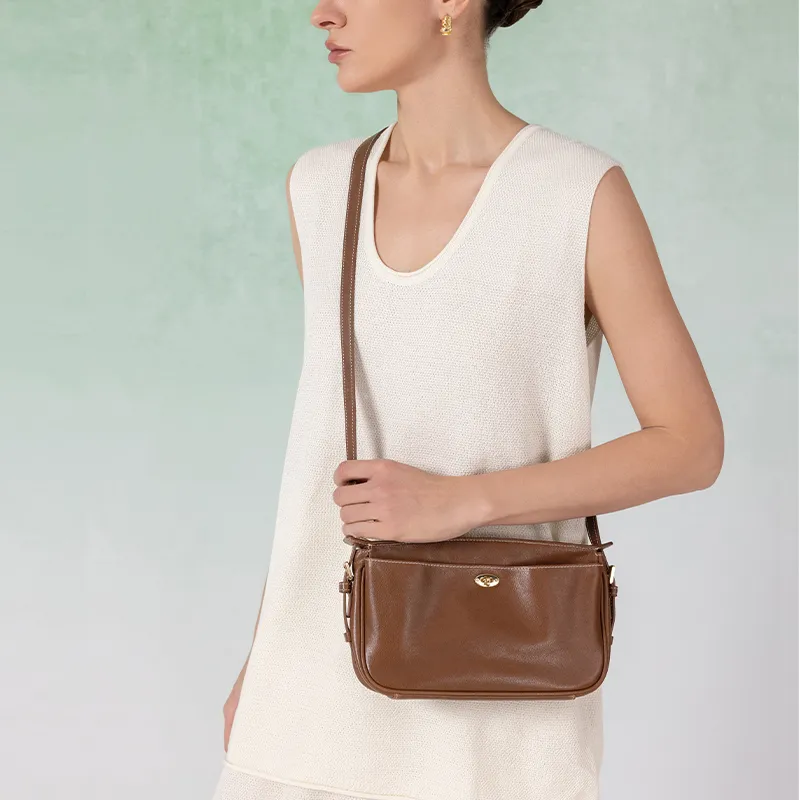 VANESSA HOGAN Top Grain Cow Leather Crossbody Bag Pochette, Shoulder Bag Women's Cocoa Red Brown/Obsidian Black-5