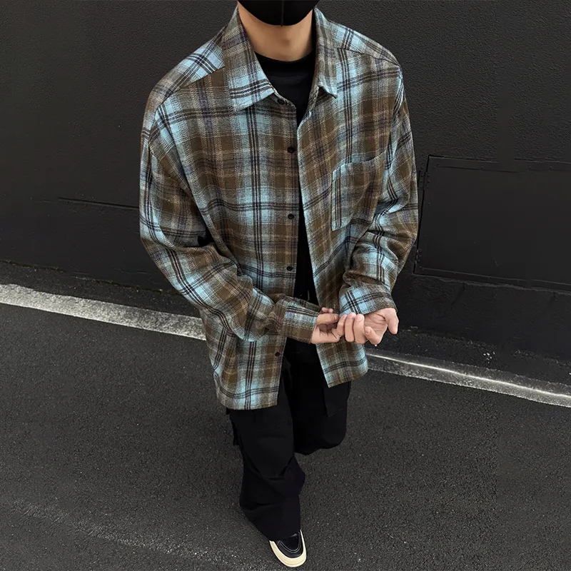 SUNSETMONENT Shirt Unisex Blue Brown Plaid-3