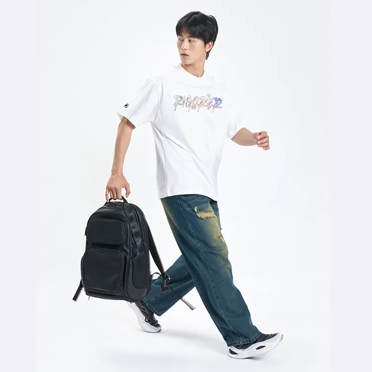 RIGORER New Litchi Grain PU Leather Backpack Unisex Black/White-8