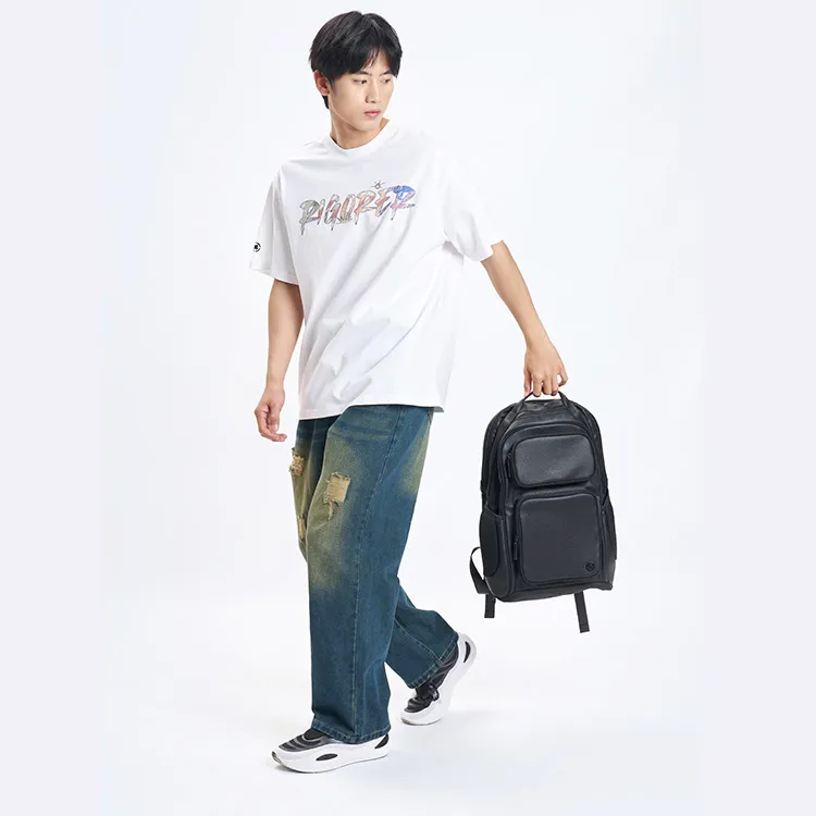 RIGORER New Litchi Grain PU Leather Backpack Unisex Black/White-4