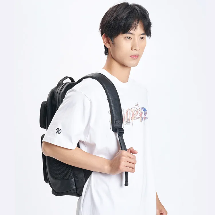 RIGORER New Litchi Grain PU Leather Backpack Unisex Black/White-7