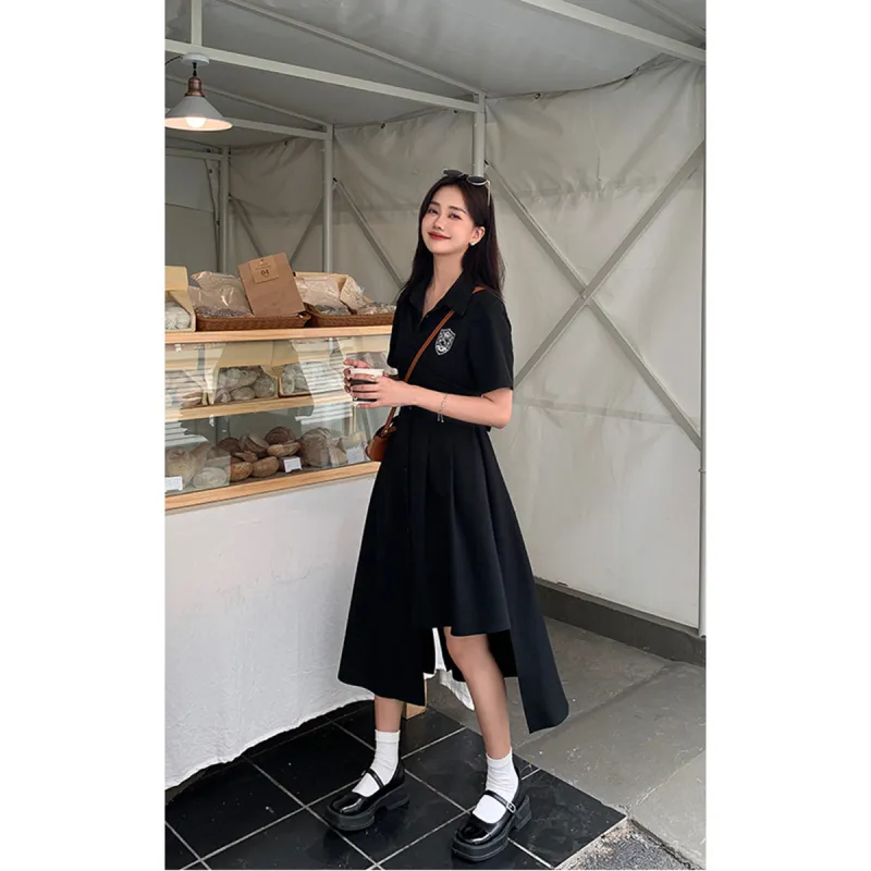 Like The Age Of Water Summer Short Sleeved Dress Cinched Waist Women's Black-1