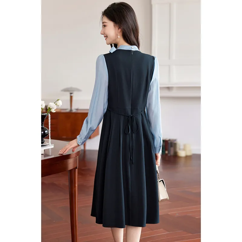 Like The Age Of Water Long Sleeved Dress Women's Navy Blue-3