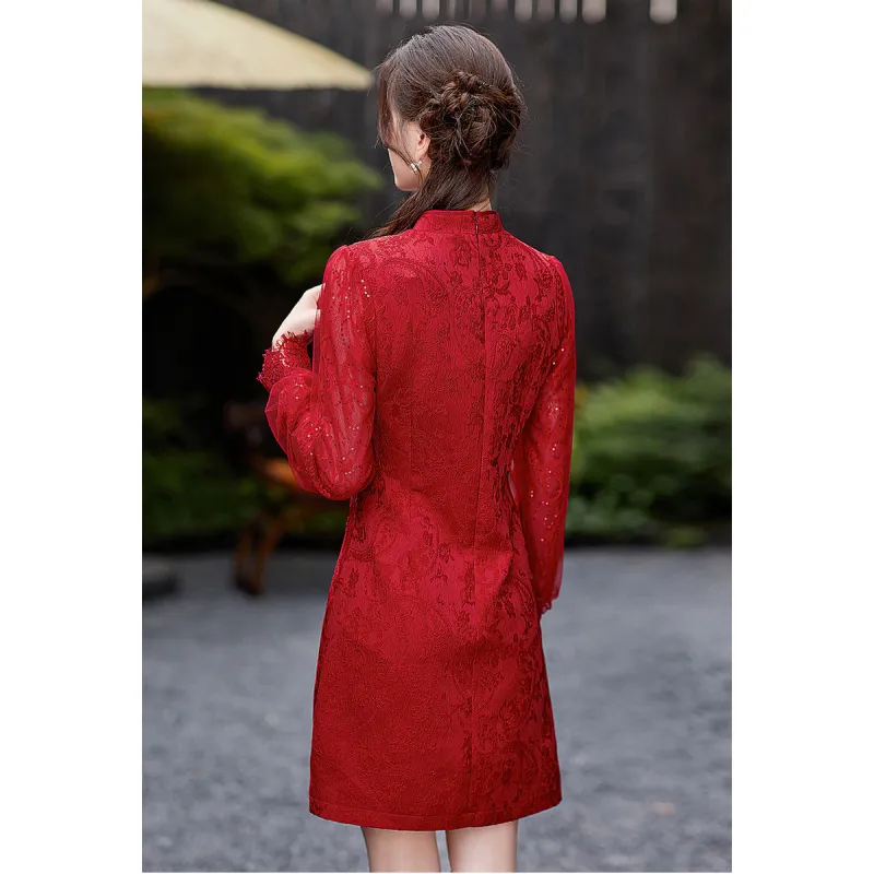 Like The Age Of Water Short Sleeved Dress Loose Fit Women's Red-4
