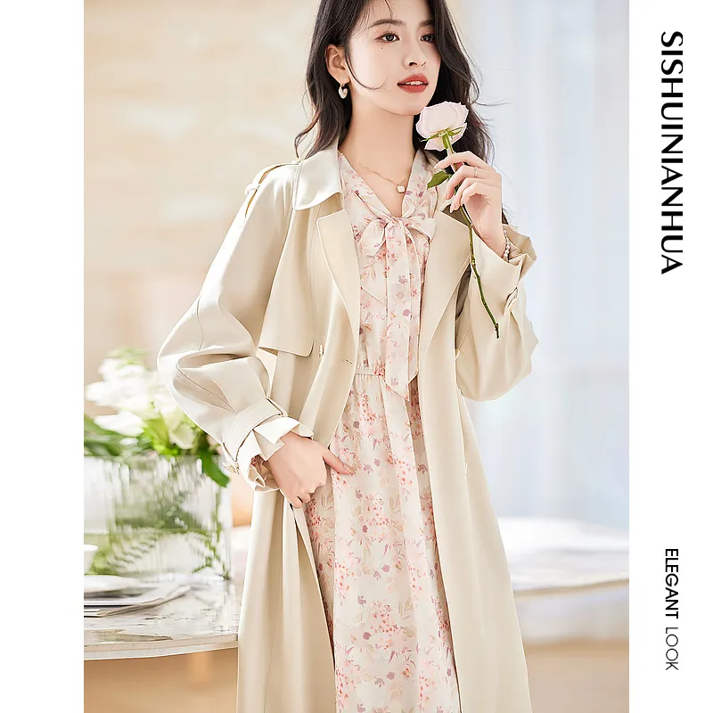 Like The Age Of Water Spring, Fall Trench Coat Slim Fit Women's Beige-2