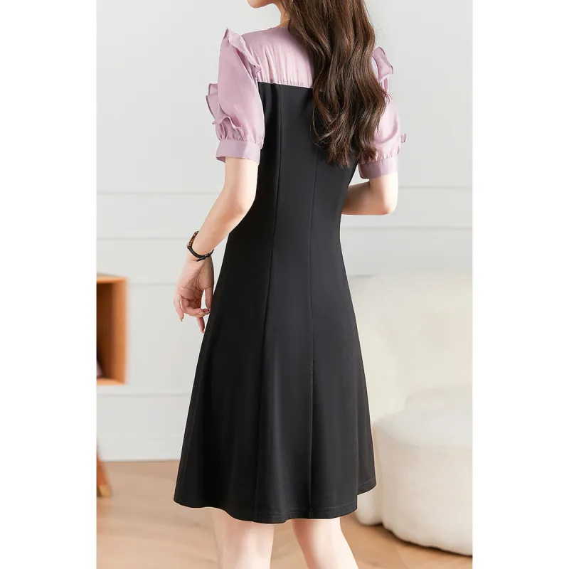 Like The Age Of Water Summer Short Sleeved Dress Slim Fit Women's Black-6