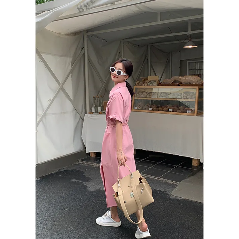 Like The Age Of Water Summer Short Sleeved Dress Cinched Waist Women's Pink-3