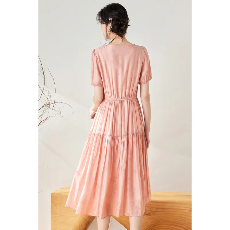 Like The Age Of Water Summer Short Sleeved Dress Cinched Waist Women's Pink-4