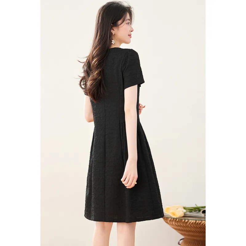 Like The Age Of Water Short Sleeved Dress Cinched Waist Women's Black-3