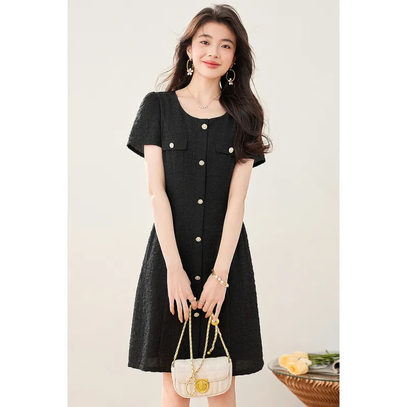 Like The Age Of Water Short Sleeved Dress Cinched Waist Women's Black-1