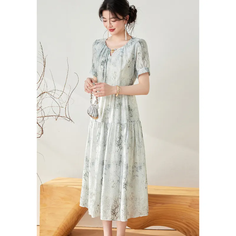 Like The Age Of Water Short Sleeved Dress Women's Blue Gray-2
