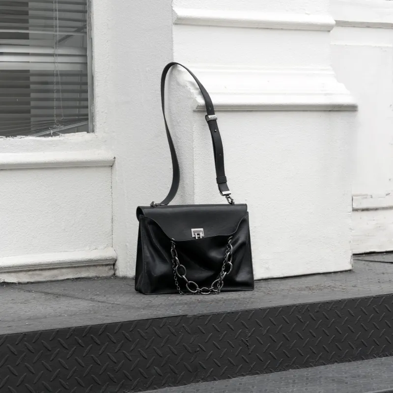 INJOYLIFE Lock Envelope Square Bag Crossbody Bag Medium Size Unisex Black-3