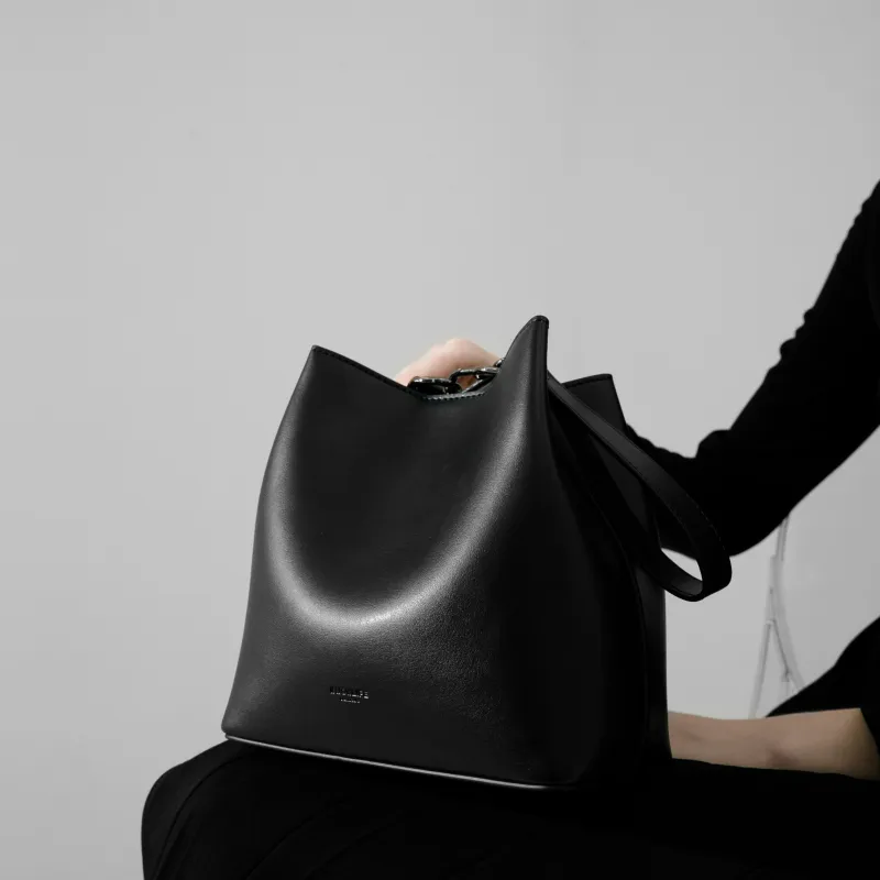 INJOYLIFE Soft Leather Bucket Bag Handbag Shoulder Bag Regular Women's Black-2
