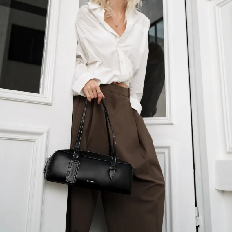 INJOYLIFE Top Grain Cow Leather Shoulder Bag Women's Black-3