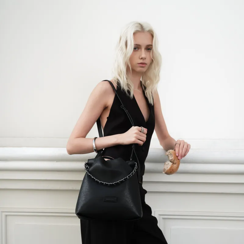 INJOYLIFE Cow Leather Shoulder Bag Crossbody Bag Medium Size Women's Black-2