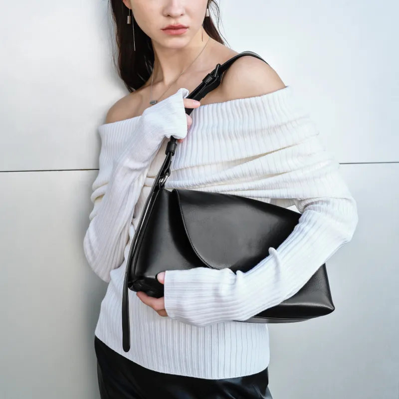 INJOYLIFE Split Cow Leather Soft Cushion Bag Crossbody Bag Women's Black-2
