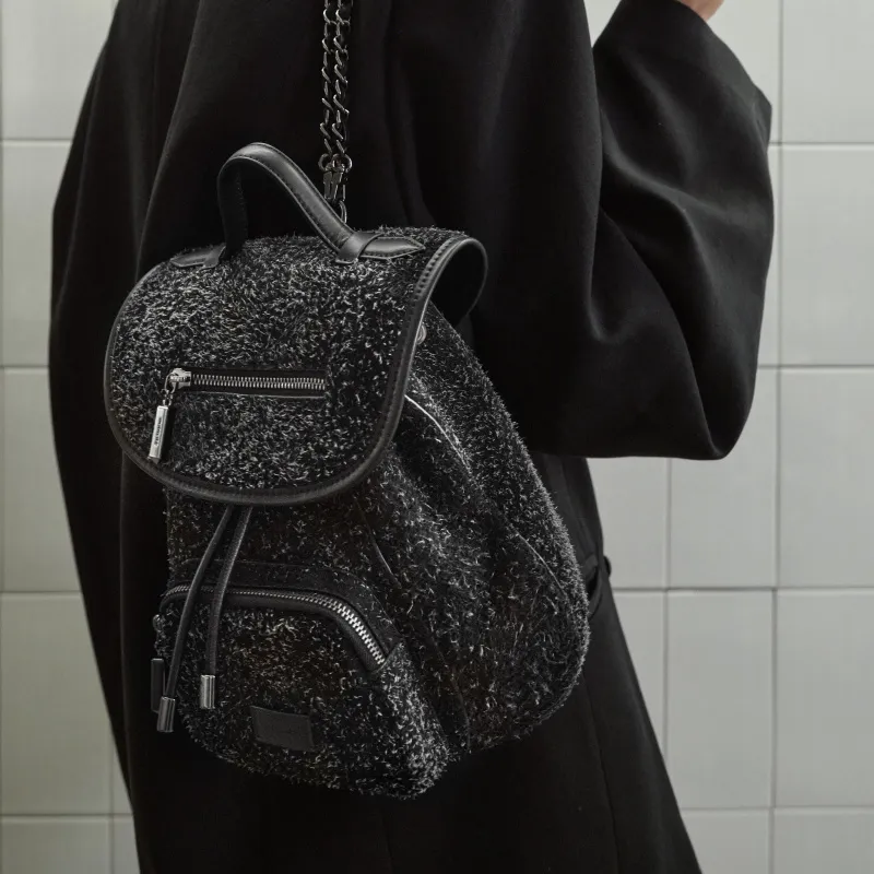 INJOYLIFE Cow Leather Backpack Medium Size Unisex Snow Fleece Black-2