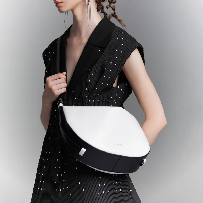 INJOYLIFE Cow Leather Shoulder Bag Large Size Women's Black White-2