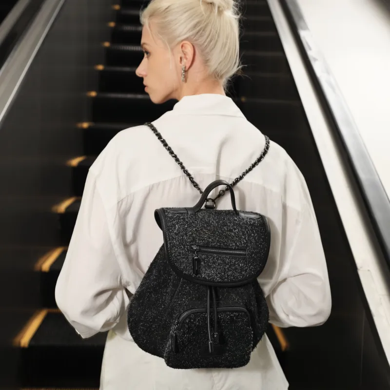 INJOYLIFE Cow Leather Backpack Medium Size Unisex Snow Fleece Black-4