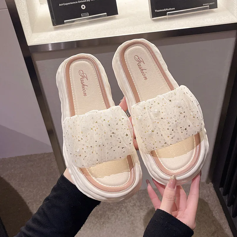 ECAC Quiet Summer Sandal Shoes For Women's Slip on With Lace, Pearl, Fairy Slippers, Platform, Soft Sole-2