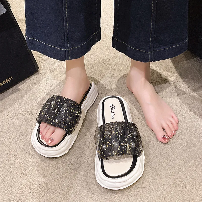 ECAC Quiet Summer Sandal Shoes For Women's Slip on With Lace, Pearl, Fairy Slippers, Platform, Soft Sole-3