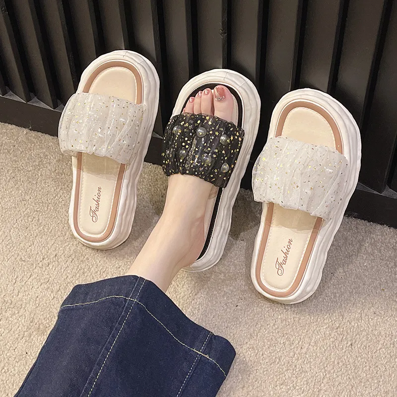 ECAC Quiet Summer Sandal Shoes For Women's Slip on With Lace, Pearl, Fairy Slippers, Platform, Soft Sole-1