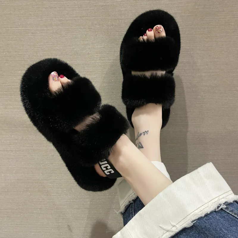ECAC Fall Winter Fuzzy Platform Insulated Shoes With Rear Strap For Home Use-3