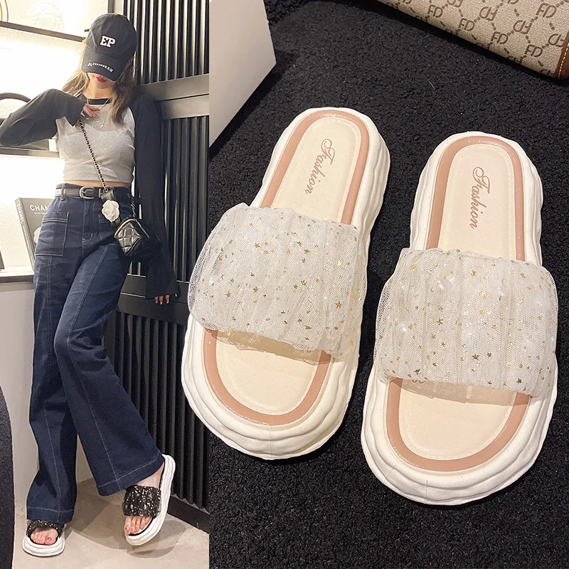 ECAC Quiet Summer Sandal Shoes For Women's Slip on With Lace, Pearl, Fairy Slippers, Platform, Soft Sole-4