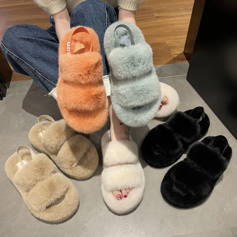ECAC Fall Winter Fuzzy Platform Insulated Shoes With Rear Strap For Home Use-6
