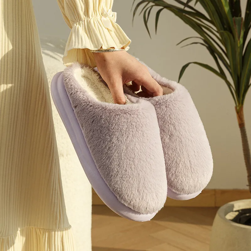 ECAC Fuzzy Slippers With Fleece Lining For Fall And Winter Slip Resistant Soft Sole Solid Color Cotton Postpartum Shoes-9