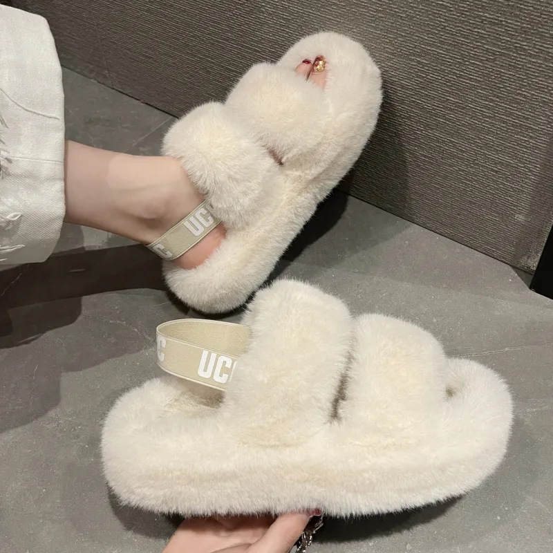 ECAC Fall Winter Fuzzy Platform Insulated Shoes With Rear Strap For Home Use-1