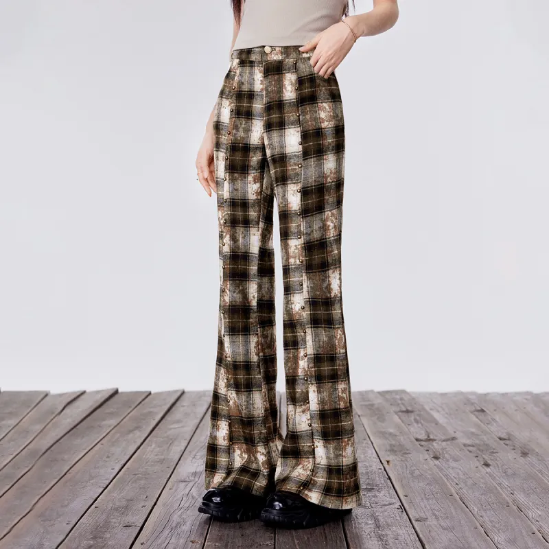 LA CRAWFISH Casual Pants Women's Yellow Coffee Plaid-3