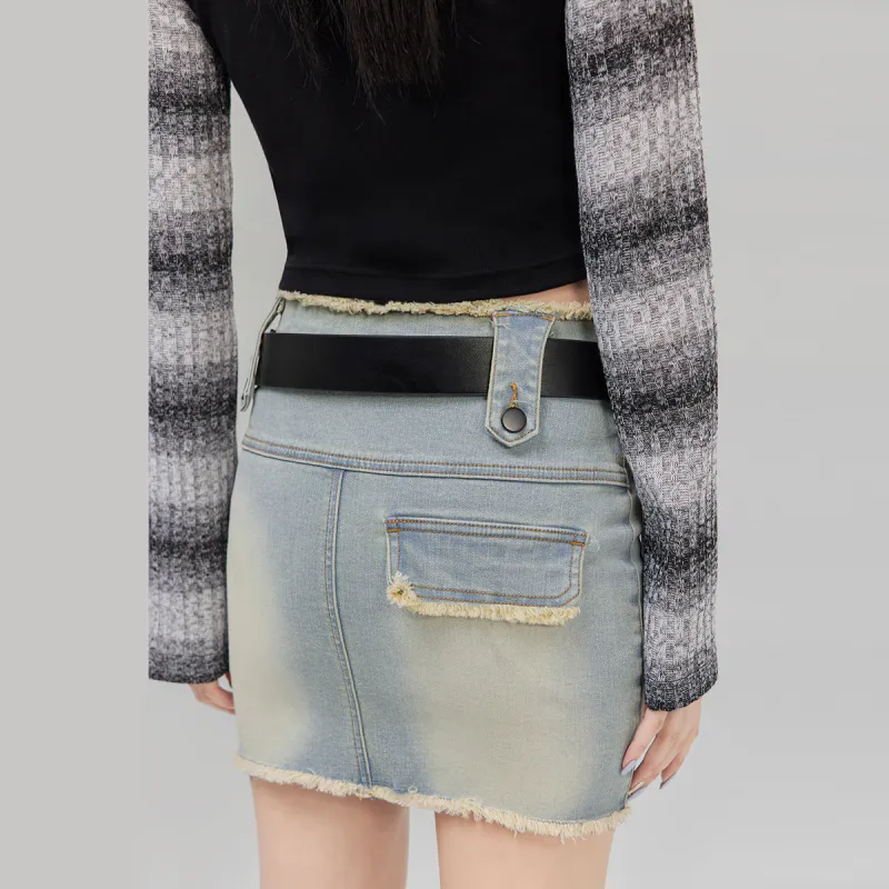 LA CRAWFISH Denim Short Skirts Women's Washed Blue Green-3