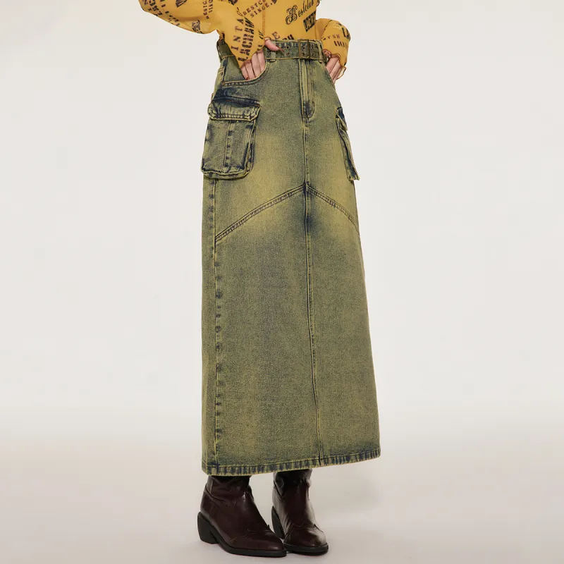 LA CRAWFISH Denim Long Skirts Women's Yellow Mud Denim Blue-5