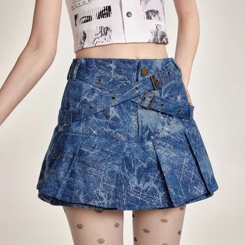 LA CRAWFISH Denim Short Skirts Women's Blue Tie Dye-2