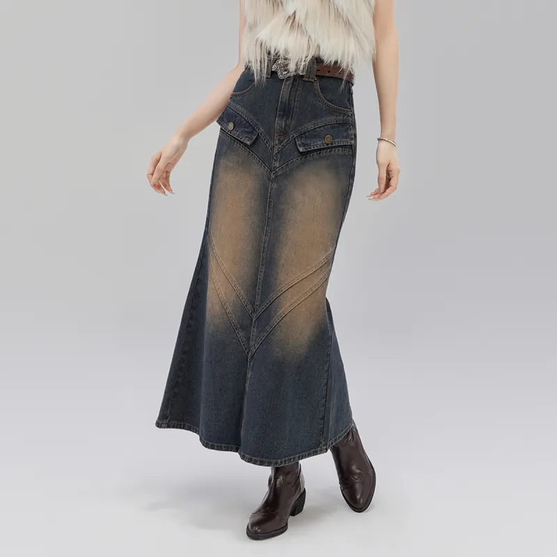 LA CRAWFISH Denim Long Skirts Women's Vintage Denim Blue-2