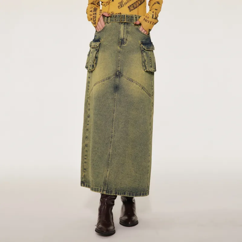 LA CRAWFISH Denim Long Skirts Women's Yellow Mud Denim Blue-2