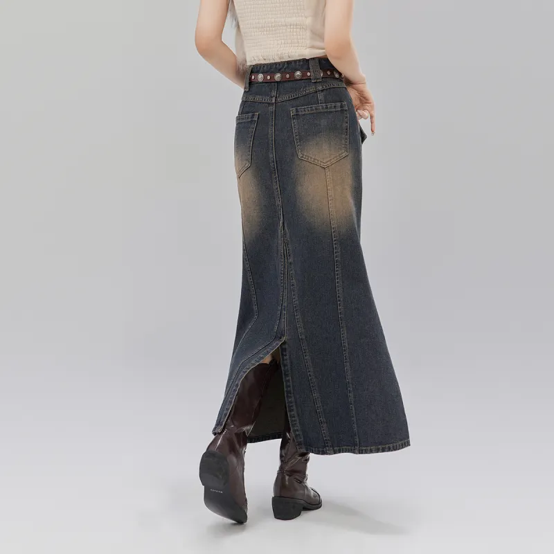 LA CRAWFISH Denim Long Skirts Women's Vintage Denim Blue-3
