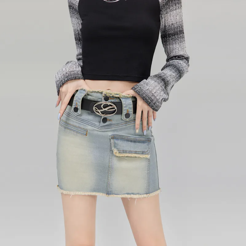 LA CRAWFISH Denim Short Skirts Women's Washed Blue Green-2