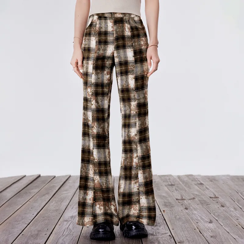 LA CRAWFISH Casual Pants Women's Yellow Coffee Plaid-2