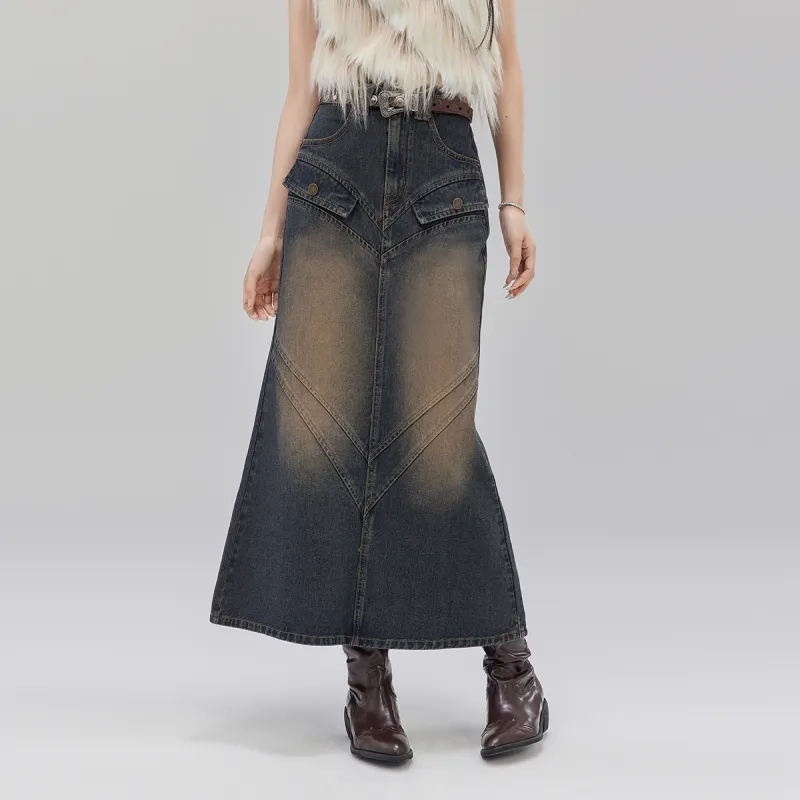 LA CRAWFISH Denim Long Skirts Women's Vintage Denim Blue-4