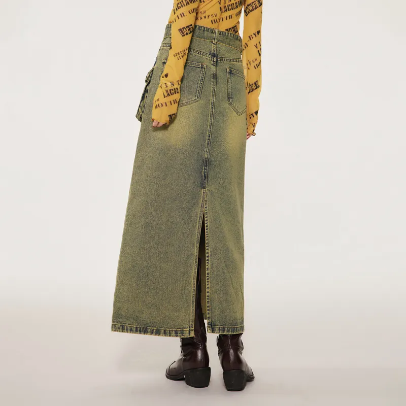 LA CRAWFISH Denim Long Skirts Women's Yellow Mud Denim Blue-4