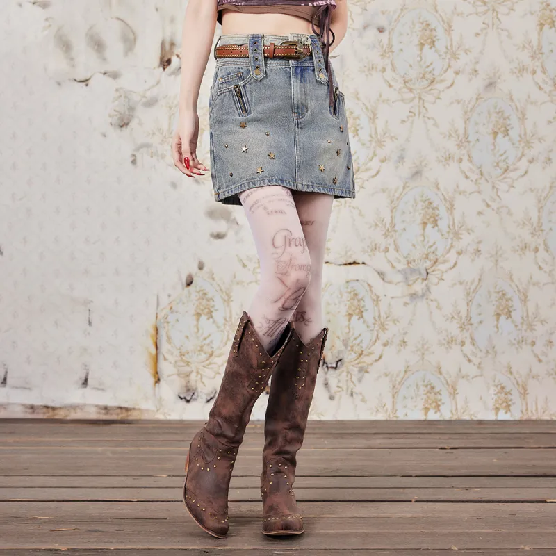 LA CRAWFISH Denim Short Skirts Women's Vintage Denim Blue-3