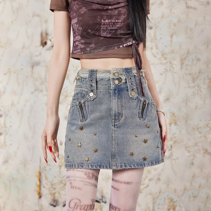 LA CRAWFISH Denim Short Skirts Women's Vintage Denim Blue-2