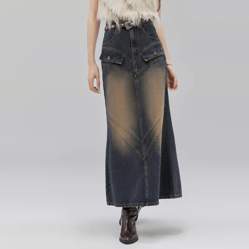 LA CRAWFISH Denim Long Skirts Women's Vintage Denim Blue-5