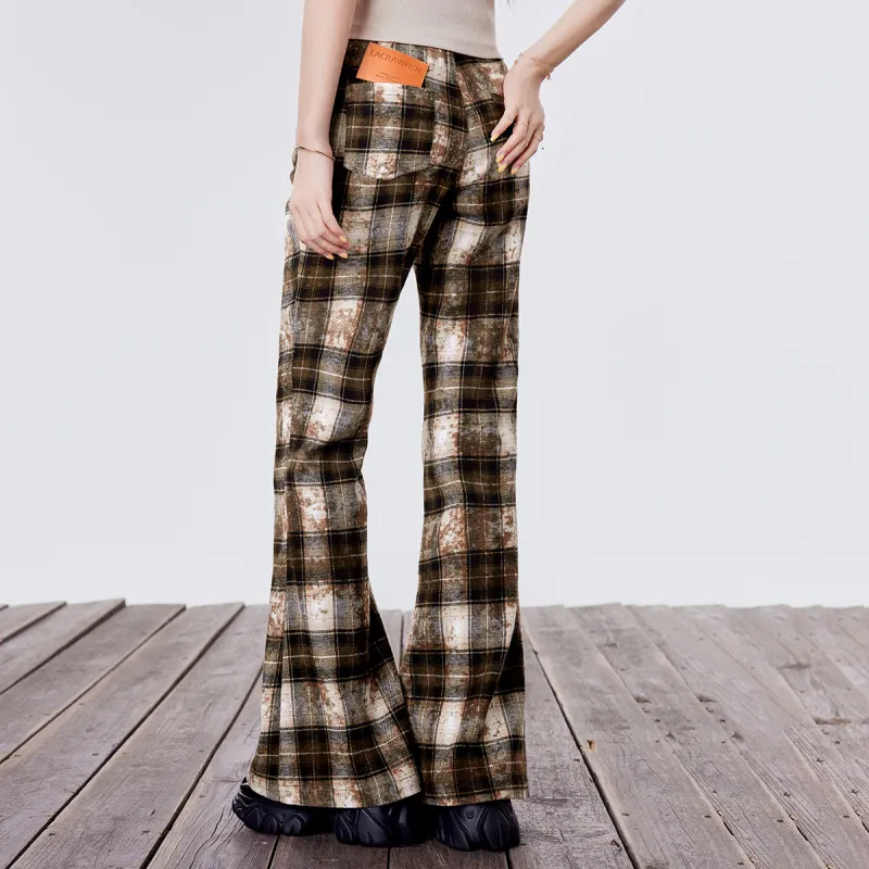 LA CRAWFISH Casual Pants Women's Yellow Coffee Plaid-4